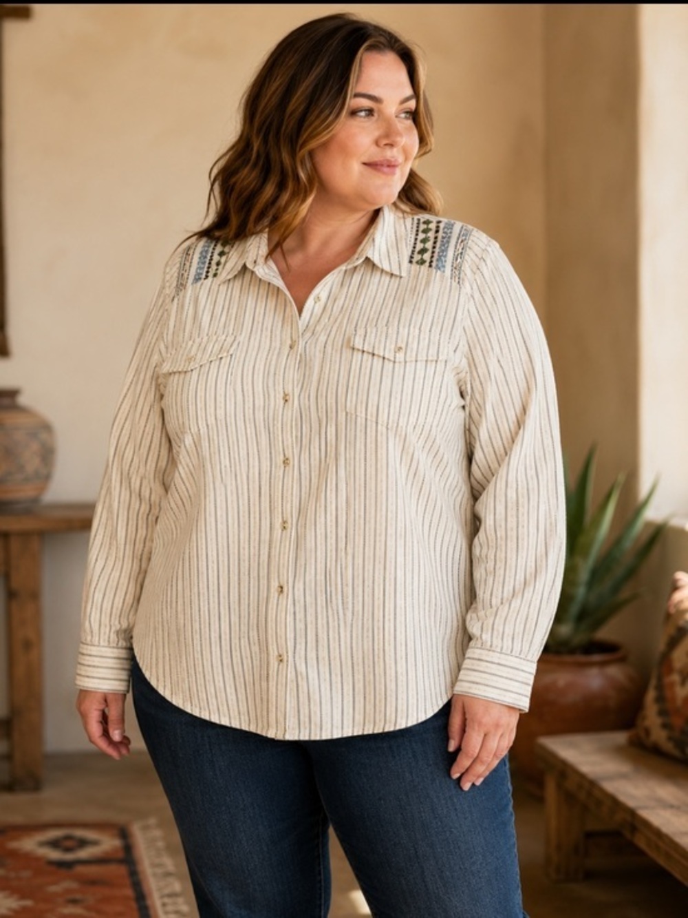 Isabella’s Closet 1X Striped Embroidered Button Down Shirt Boho Western